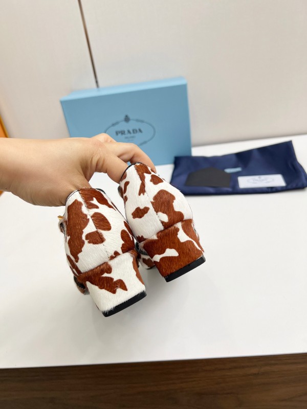 2025 Women Prada Brown White Calf Hair Strap Heels LY00270