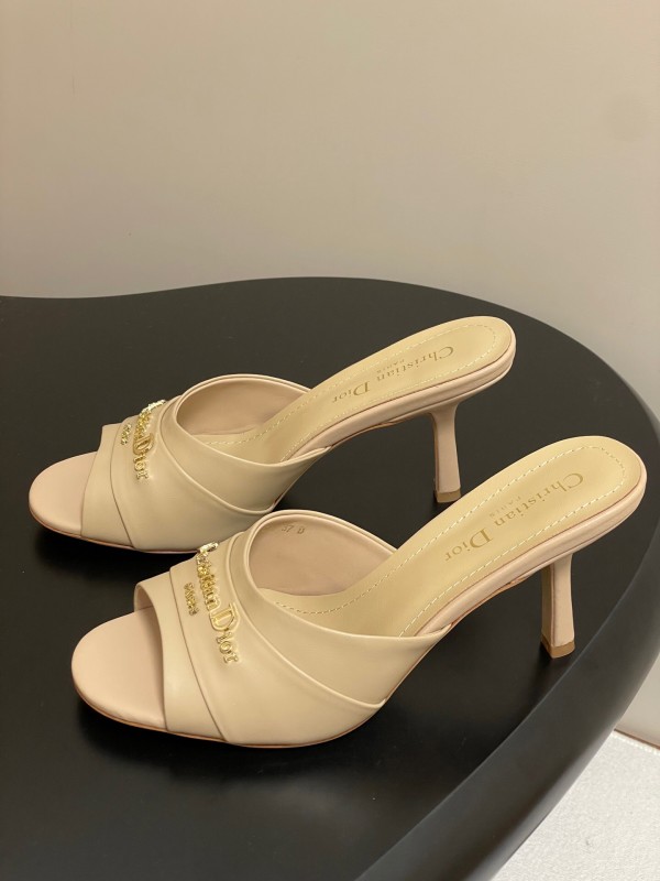 2025 Women Dior Beige Leather Heeled Slippers Christian Dior Logo