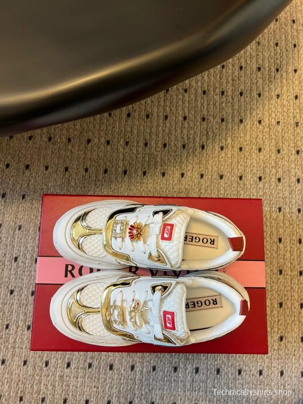 2025 Women Roger Vivier White Gold Leather Mesh Sneakers KFY00380