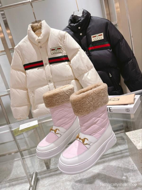 2024 Women Gucci Pink White Leather Shearling Snow Boots