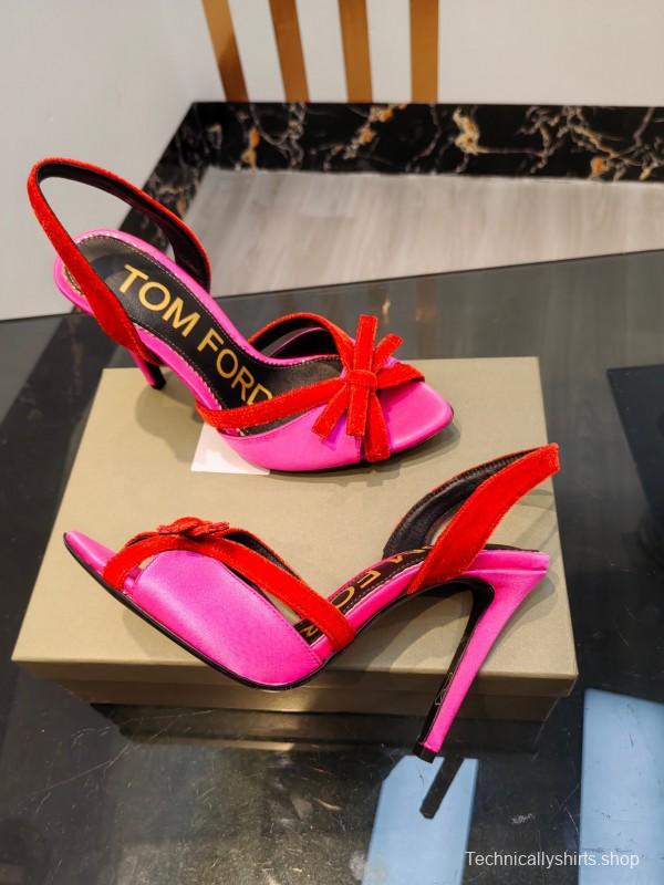 2025 Women TOM FORD Pink Red Velvet Silk High Heel Open Back Sandals