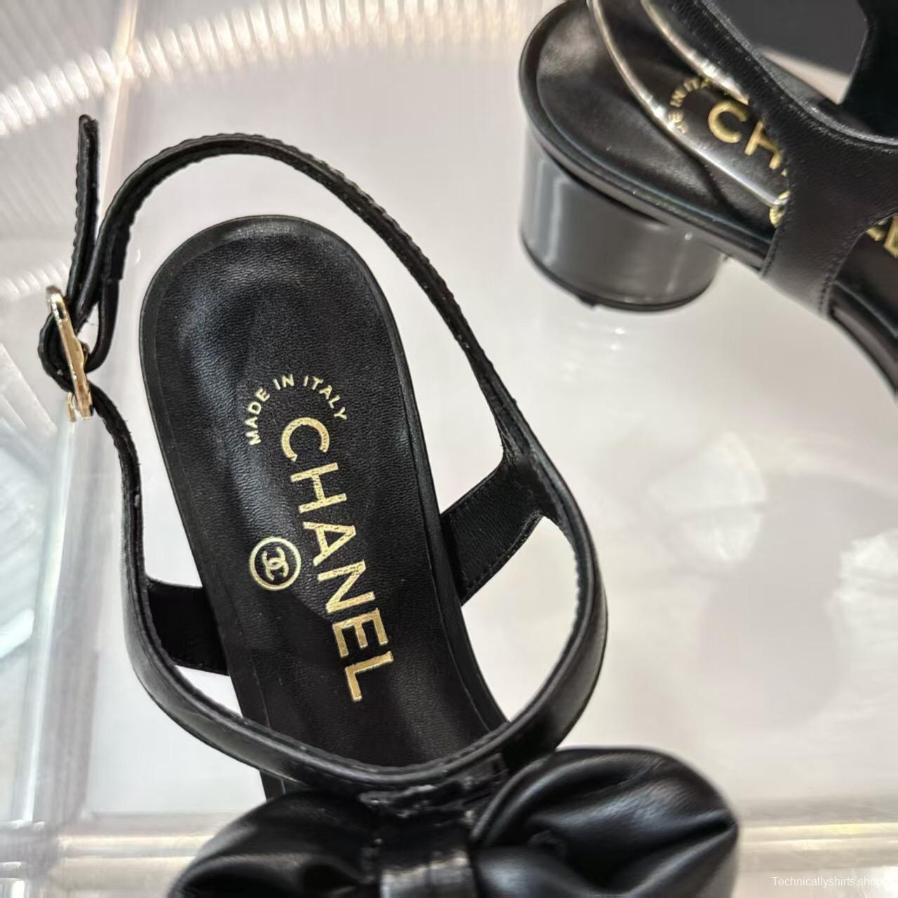 2025 Women Chanel Black Lambskin Bowknot Sandals LY00260