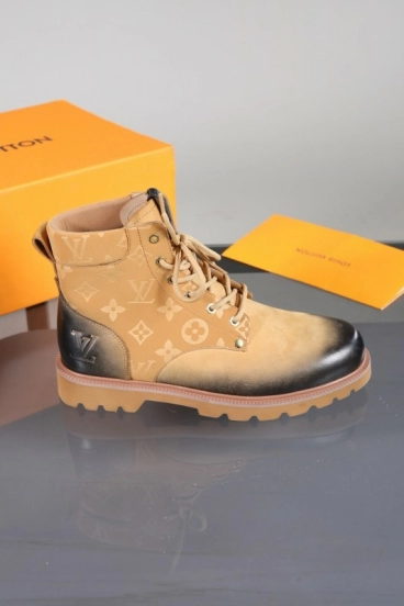2024 Men Louis Vuitton Beige Black Leather Canvas Boots MJ00470