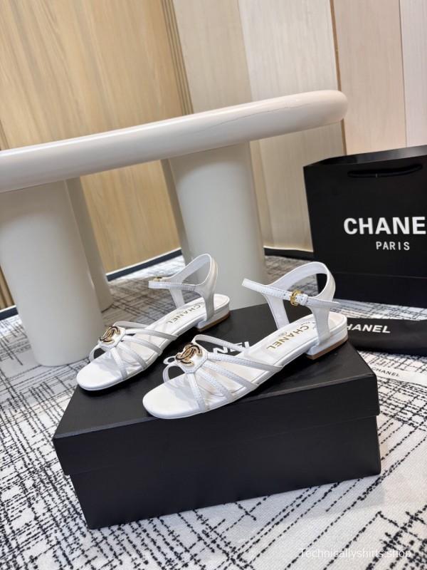 2025 Women Chanel White Leather Sandals LY00270