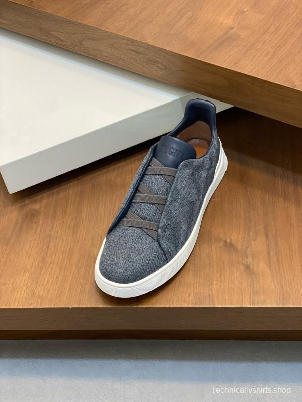 2024 Unisex Ermenegildo Zegna Grey Blue Pelletessuta Calfskin Sneakers Stretch Detail MJ00280