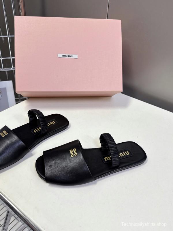 2025 Slippers Miu Miu Black Leather Slippers LY00