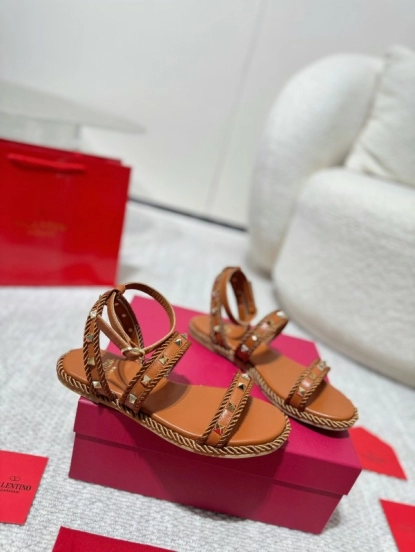 2025 Women Valentino Brown Leather Sandals Braided Craftsmanship LY00250
