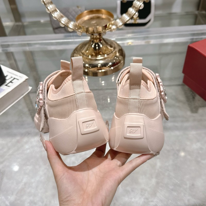 2025 Women Roger Vivier Pink Knit Suede Sneakers Crystal Buckle LY00300