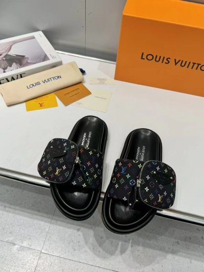 2025 Women Louis Vuitton Black Colorful Canvas Slippers Monogram KFY00230
