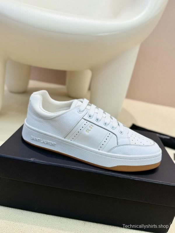 2024 Unisex Yves Saint Laurent White Silk Leather Sneakers SL61 MJ00350