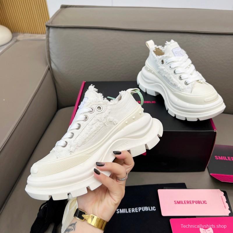 2025 Unisex Smile Republic White Canvas Thick Sole Casual Sneakers Frayed Edge LY00291