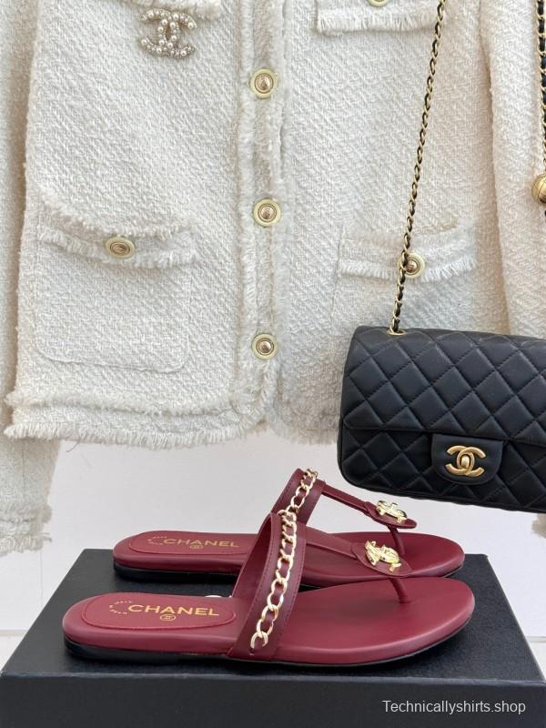 2025 Women Chanel Red Lambskin Chain Sandals KFY00250