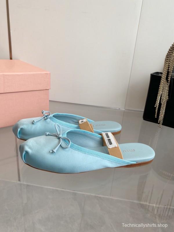 2025 Women Miu Miu Light Blue Satin Slip-On Ballet Flats KFY00280