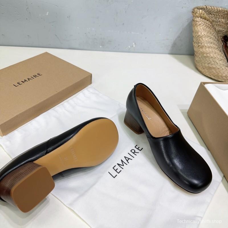 2025 Women LEMAIRE Black Leather Block Heel Shoes