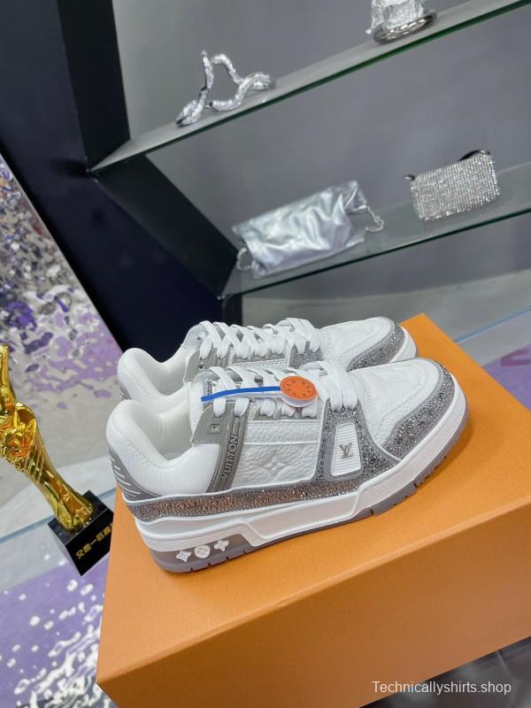 2025 Unisex Louis Vuitton White Silver Leather Fabric Plimsolls Handcrafted Crystals AS00400