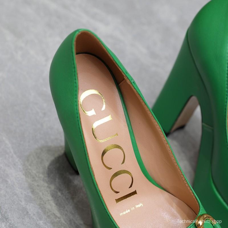 2025 Women Gucci Green Leather Platform Pumps KFY00320