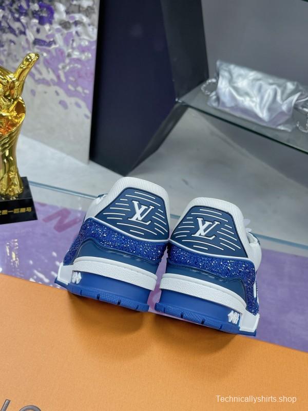 2025 Unisex Louis Vuitton Blue White Leather Plimsolls Handcrafted Beaded AS00400