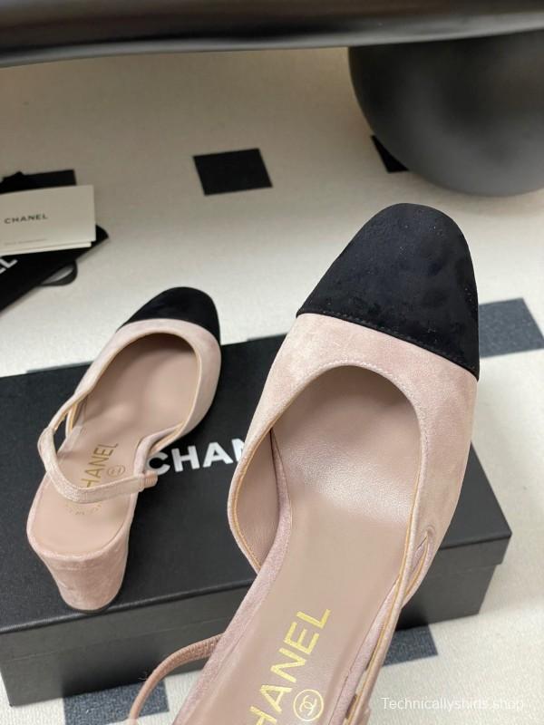 Chanel Sling-back Two-tone Suede Slingback Sandals Flat/Block Heel - KFY00280