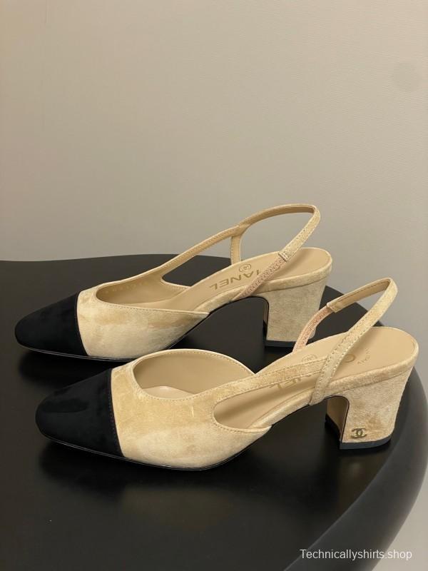 Chanel Sling-back Two-Tone Suede Slingback Sandals Flat/Block Heel - KFY00280
