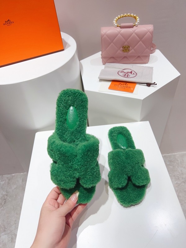 H Teddy Wool H Slippers Flat Sole Fur Slippers - LY00240