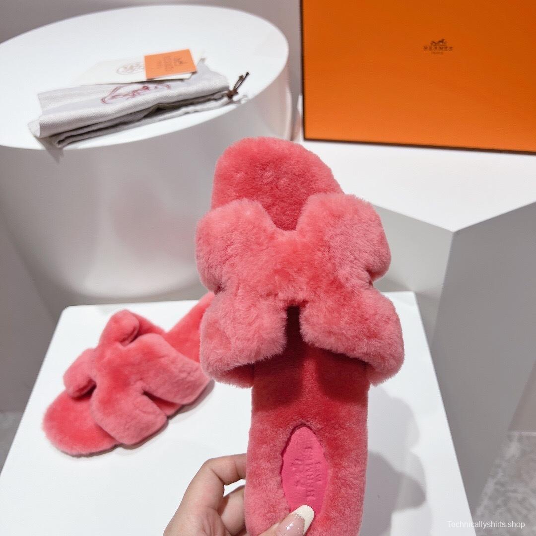 Hermès Teddy Wool H Slippers Flat Sole Fur Slides - LY00240