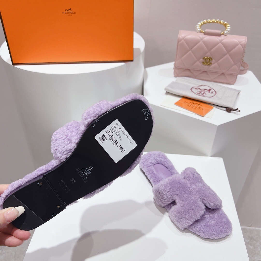 Hermès 2025 SS Teddy Wool H Slippers Flat Fur Slippers - LY00240