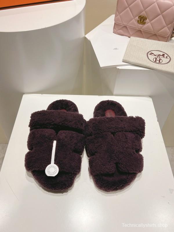 H Love Erjiu Full Wool Slippers with Slightly Curled Fur - LY00270