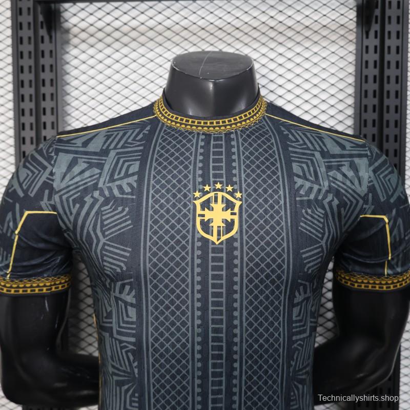 2026 Player Version Brazil Black with Gold Geometric Tribal Pattern Jersey