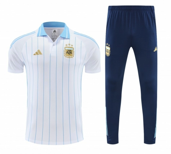 26/27 Argentina White Stripes Polo Training Shirt + Navy Blue Long Pants Tracksuit