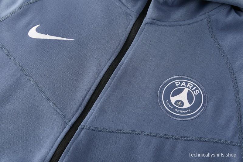 26/27  Paris Saint-Germain Steel Blue Full Zipper Hooded Jacket Tracksuit + Long Pants