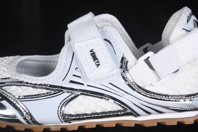 Bottega Veneta Orbit Flash Round-Toe Mary Jane Flat Shoes in Silver White and Fiber White - AJE5