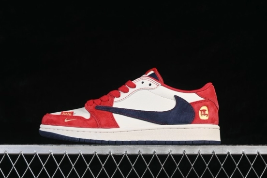 Nike Travis Scott x Fragment Design x Air Jordan 1 Low OG SP Lifestyle Low-Top Sneakers with Red White Blue Color Blocking - HG0026-024