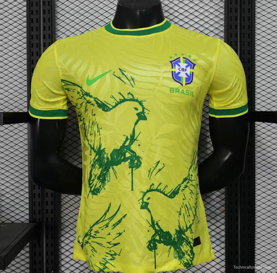 Player Version 2025 Brazil Yellow with Green Animal Pattern Jersey