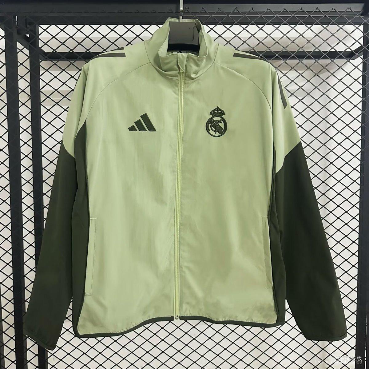 25/26 Real Madrid Light Green and Grey Full Zipper Windbreaker