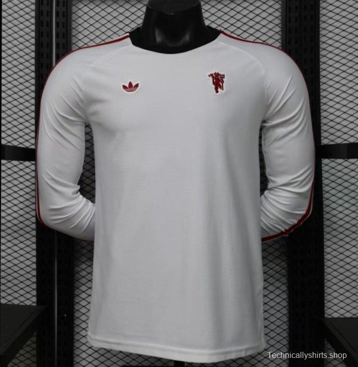 Player Version 2026 Manchester United Away White with  Red Shoulder Stripe Long Sleeve Jersey