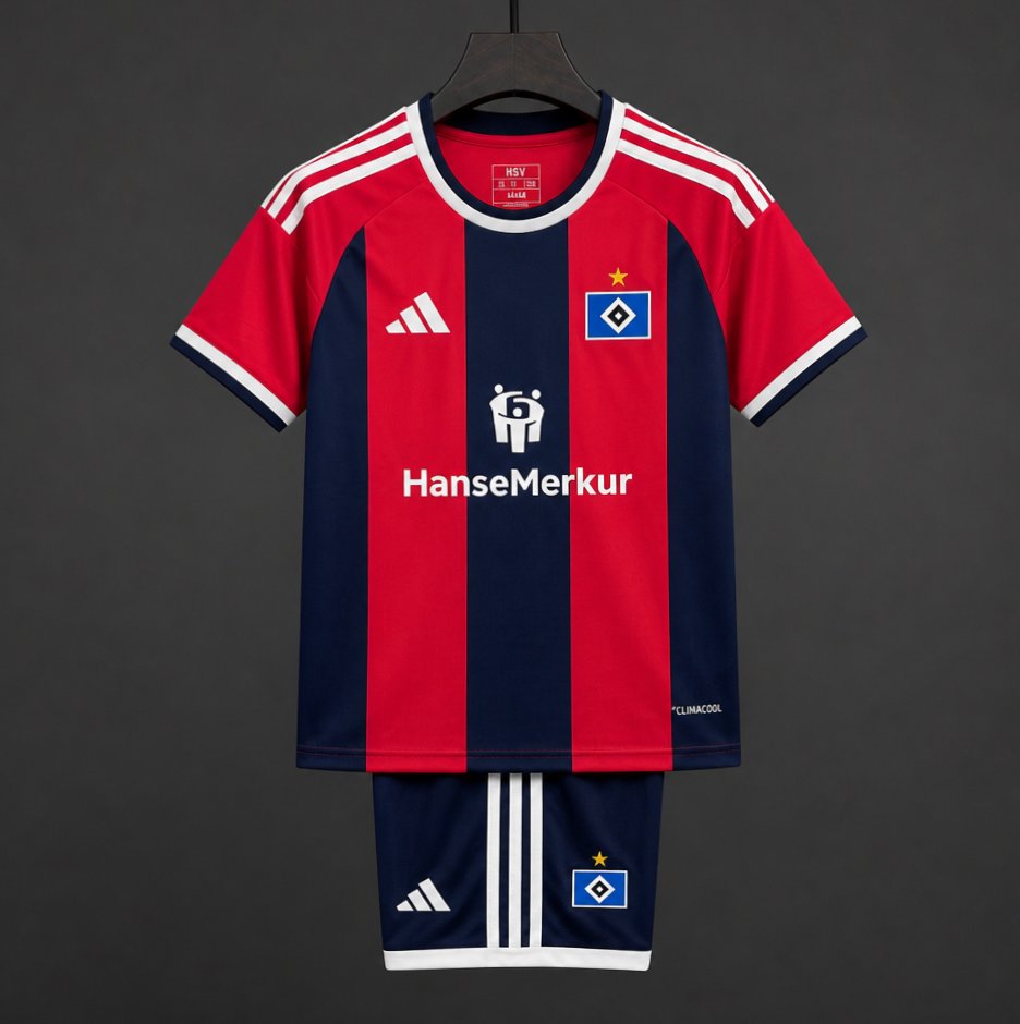 26/27 Kids Hamburger SV Third Red Black Stripes Jersey Kit